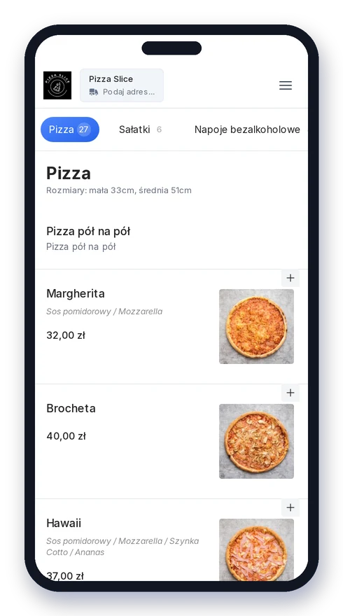 Sklep online eResto na telefonie: menu pizzerii ze zdjęciami dań i cenami