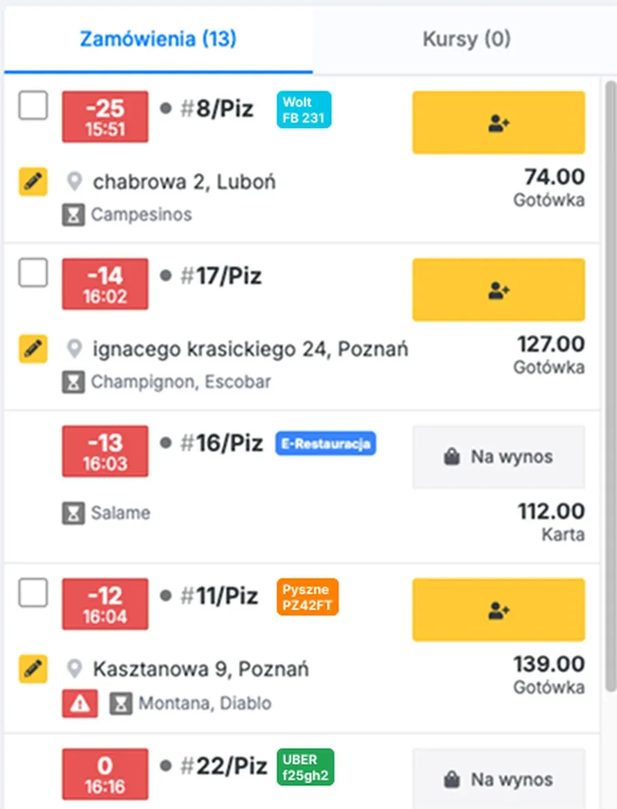 Lista zamówień w PAPU.io z oznaczeniami Wolt, eResto i Pyszne.pl