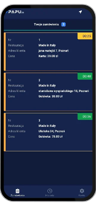 Aplikacja kierowcy PAPU.io: lista zamówień z czasem dostawy