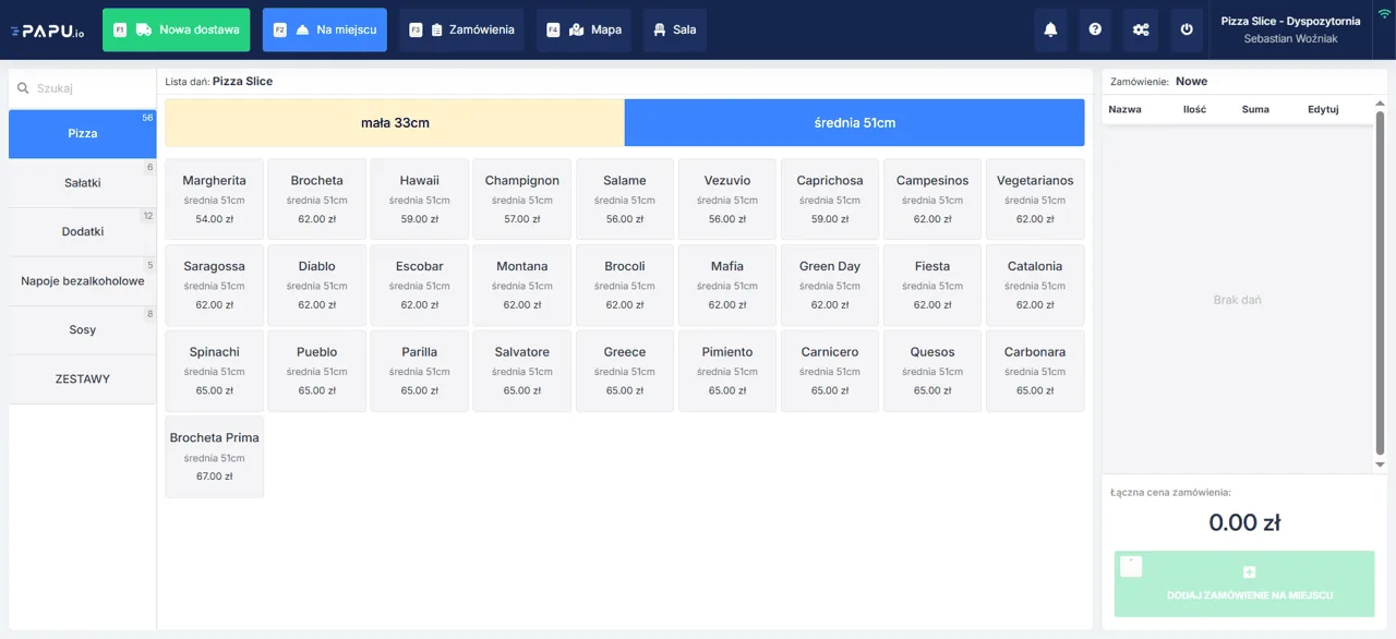 Ekran POS PAPU.io z menu pizzerii i nowym zamówieniem