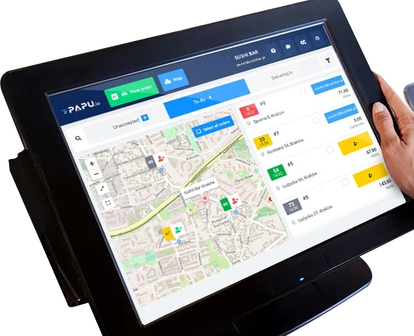 System papu.io — dyspozytornia dostaw: mapa i lista zamówień na terminalu POS
