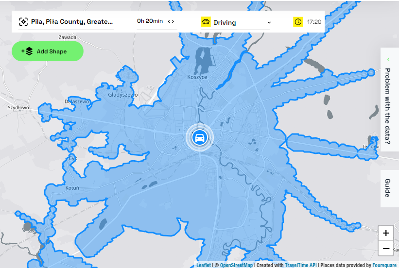 podgląd mapy małej miejscowości, TravelTime app